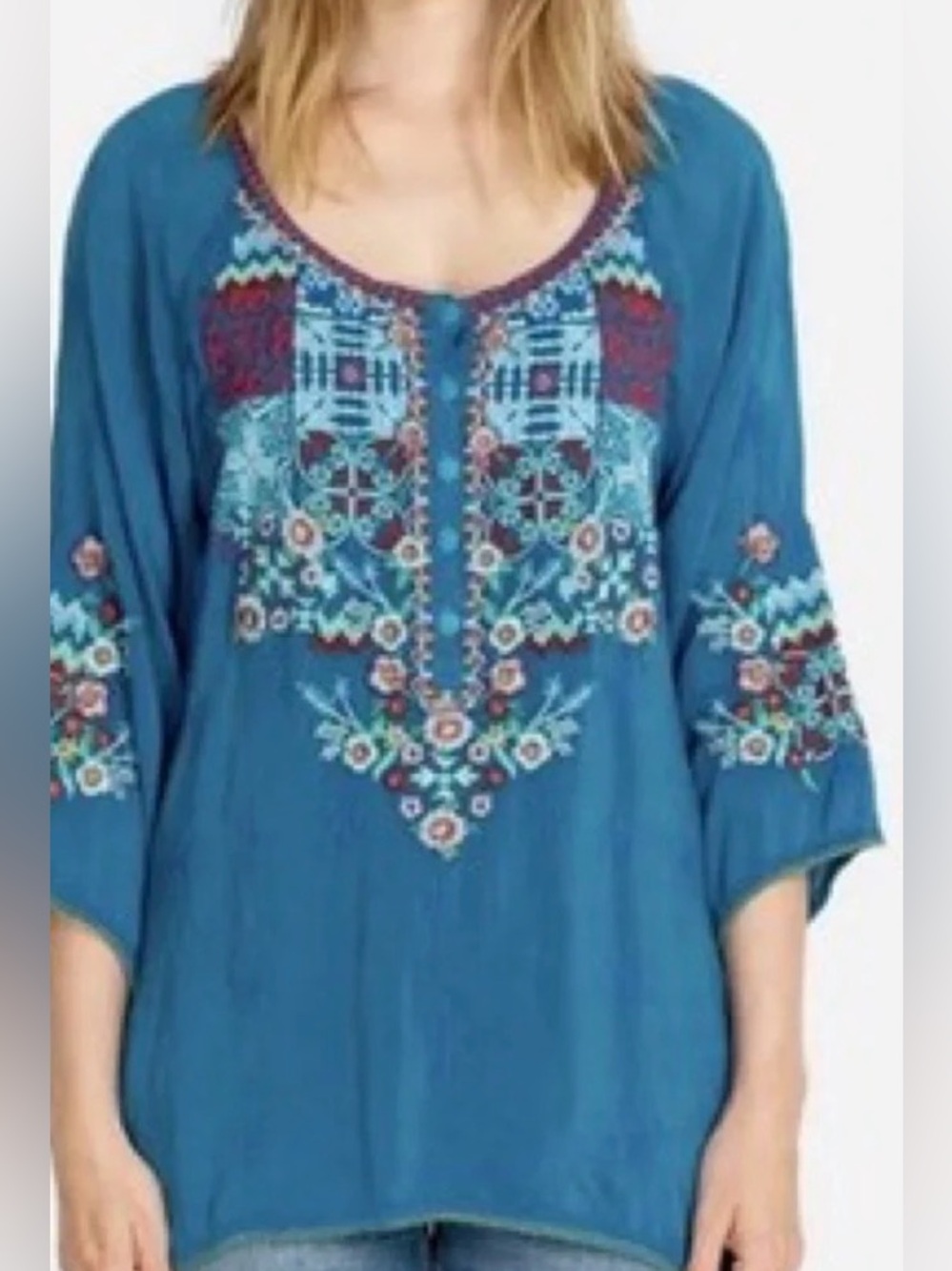 Johnny Was Teal Blue Embroidered Peasant Blouse Henley 3/4 Sleeve Boho Top M